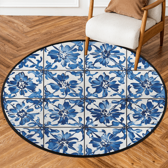 CURLYOOT Round Rug 3ft Mexican Area Rug, Washable Circle Mat Non Slip Floor Carpet Mat, Blue Floral Soft Indoor Rugs for Entryway Living Room Dining Room Bedroom