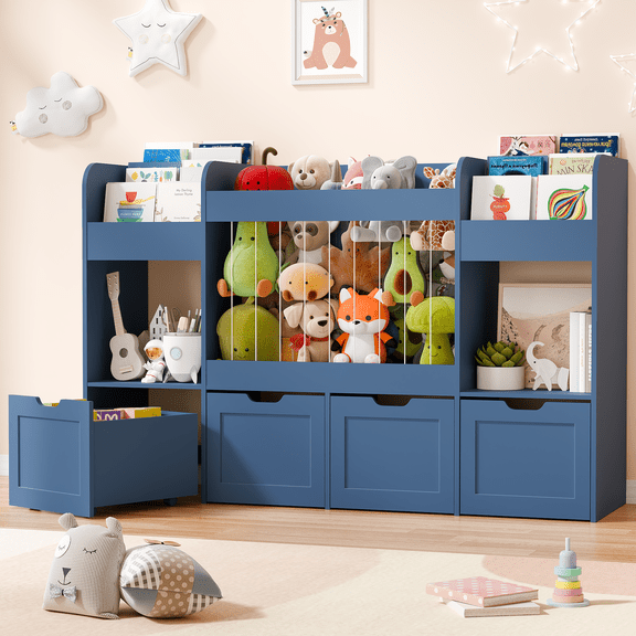 VortinT Toy Storage Organizer,Kids Bookshelf and Bookcase with 4 Removable Drawers und Stuffed Animal Organizer,Blue