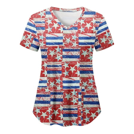 

National Flag Printed Working Uniform Lady Women Casual V Neck Short Sleeve T shirts Independence Day Print Pocket Worker Top Scrubs Uniform Nurses