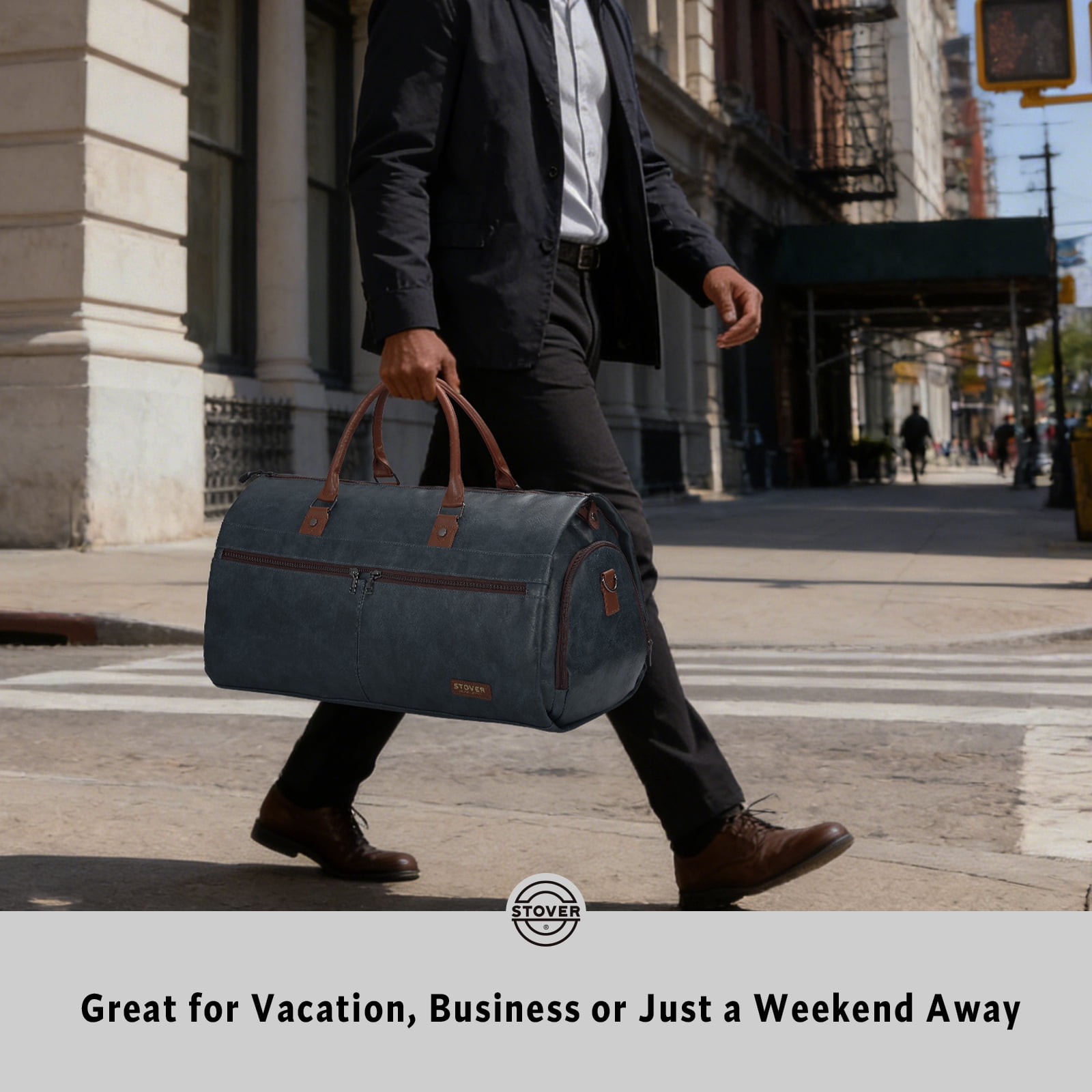 STOVER Garment Travel Duffle Bag, Large 2-in-1 Convertible Carry-on Luggage (Blue Leatherette)