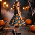 thumbnail image 7 of Girls Halloween Printed Dress Crew Neck Sleeveless Belted Back Zipper Costume Kids Trendy Casual A-Line Swing Dress Orange 01 5-6 Years, 7 of 7