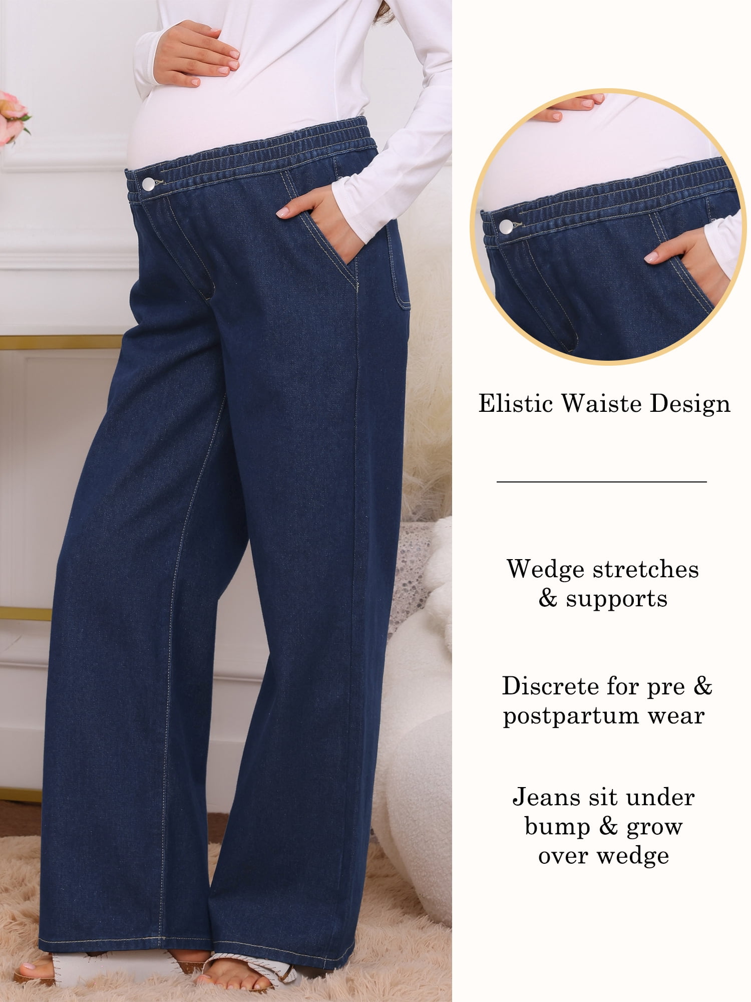 DARING DIVA Women's Maternity  Wide Leg Loose Middle Waist Denim Pants 2XL Deep Blue