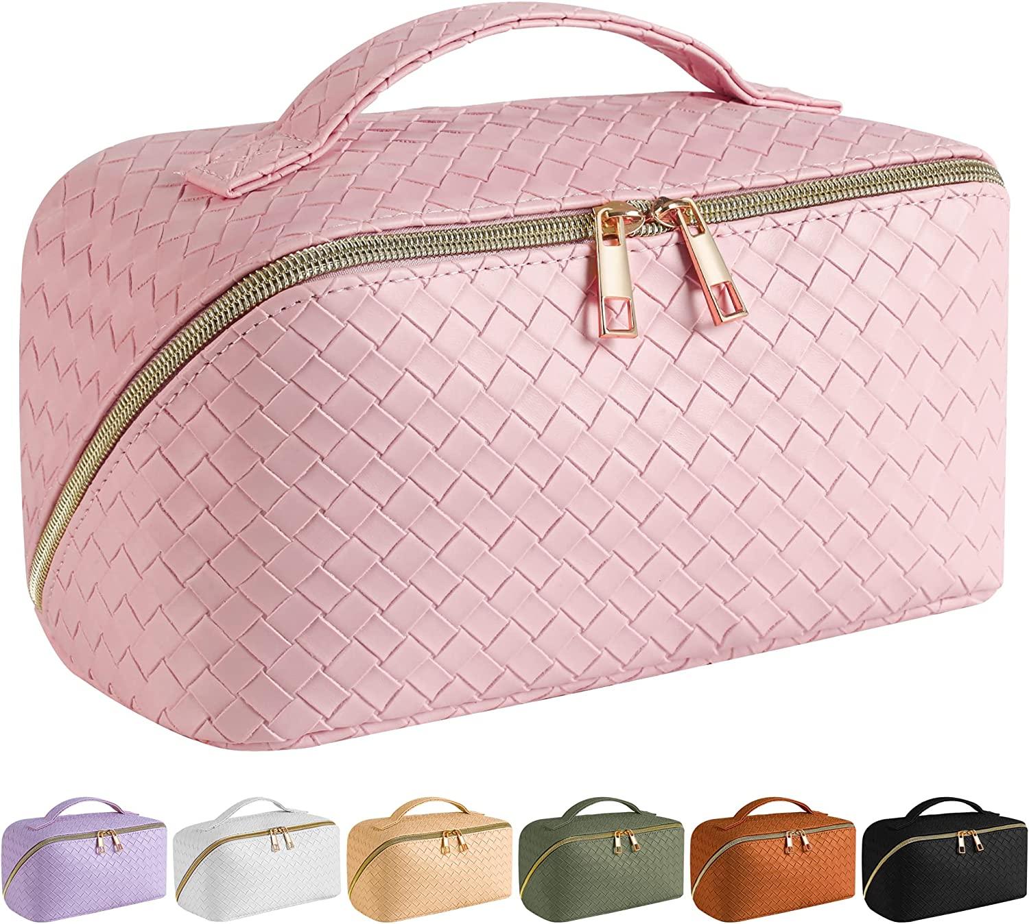  Makeup Bag - Large Capacity Travel Cosmetic Bag for Women,  Multifunctional Open Flat Toiletry Bag with Handle, Washable Waterproof  Beauty Zipper Makeup Organizer PU Leather, Pink : Beauty & Personal Care