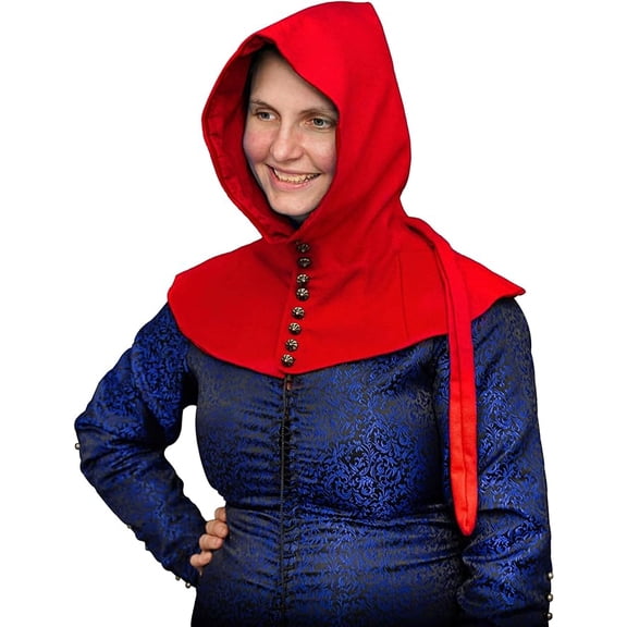 Mythrojan Late Medieval Lady Buttoned Hood for Cosplay LARP Renaissance Costume, Red Hood for Women