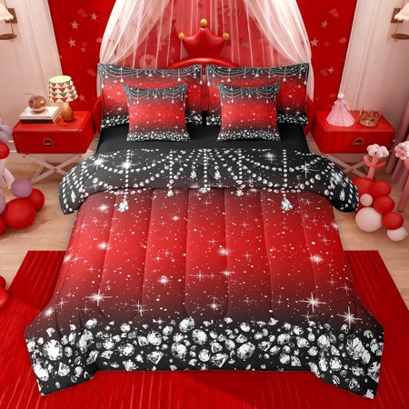 Feelyou Red Sequin Print Twin Bedding Sets 7-Piece for Women Glitter Diamond Bedding Comforter Set Modern Fashion Princess Reversible Sheet Sets Microfiber Bedroom Decor