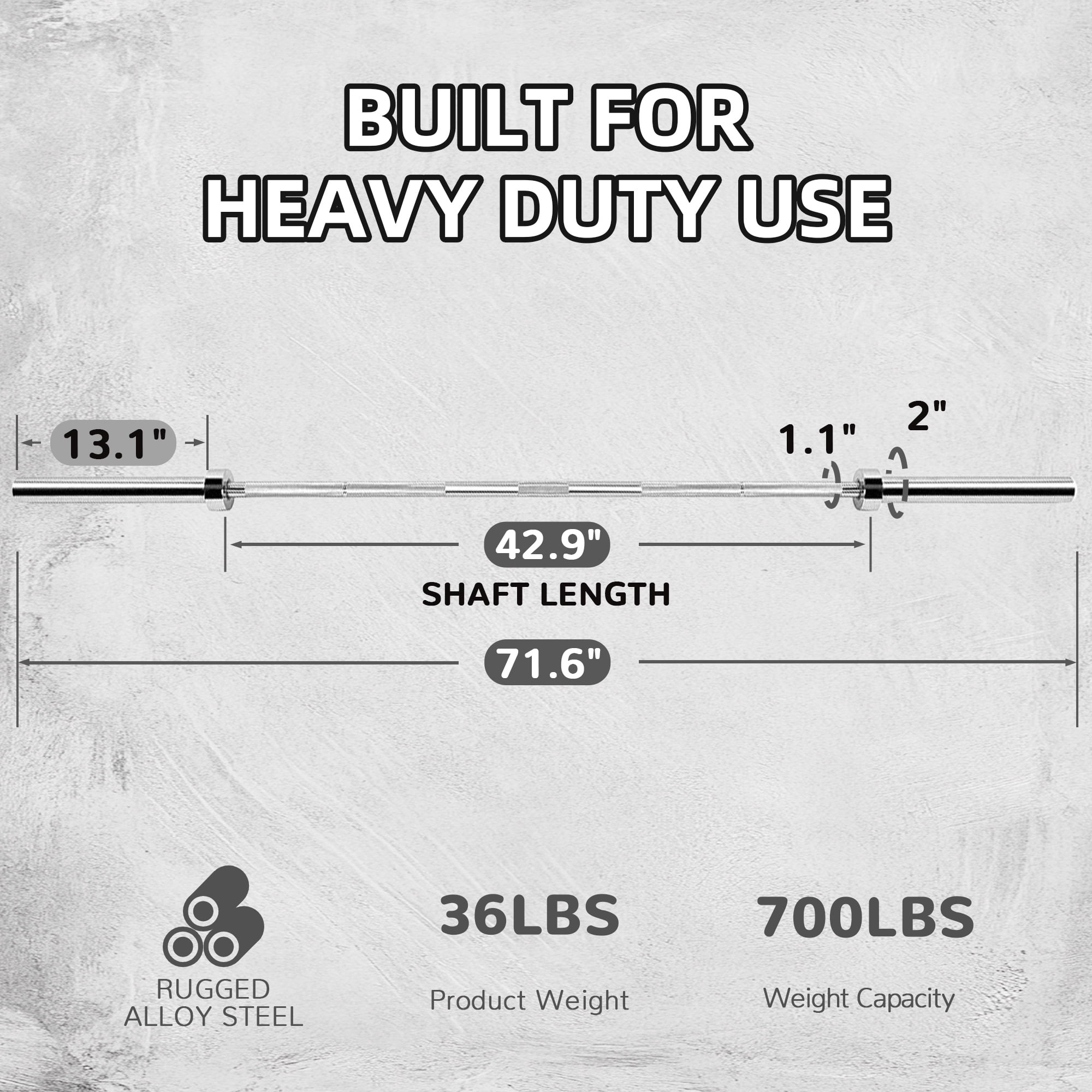 FlexWave Olympic Barbell，6FT, 2-Inch Diameter, 700LB Capacity, Silver, for Powerlifting & Weightlifting