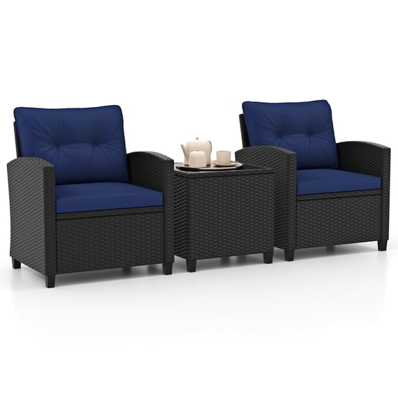 Gymax 3 PCS Patio Furniture Set w/Tempered Glass Coffee Table Washable Cushions Navy