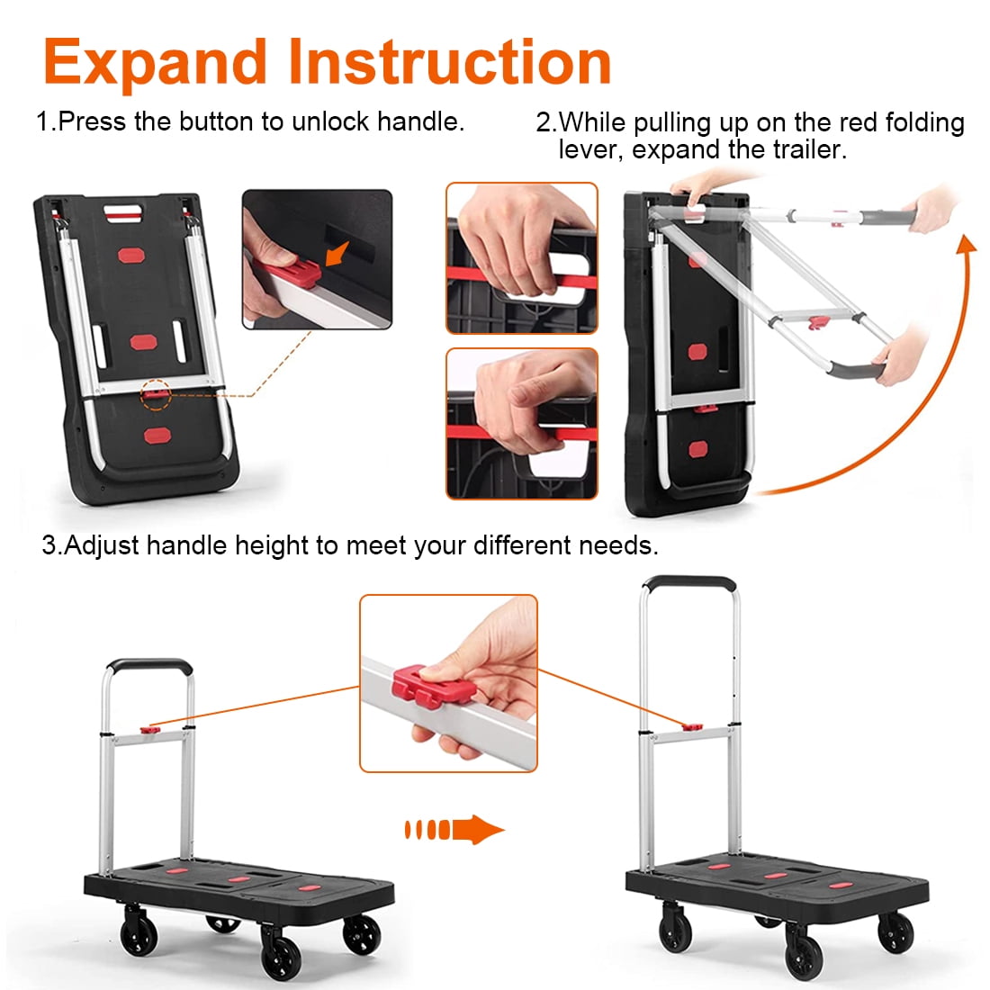 Folding Hand Truck 330 Lbs/150kg Heavy Duty Dolly Cart with 4 Wheels Portable Platform Truck Lightweight Foldable Utility Luggage Push Cart with Adjustable Handle for Auto, Luggage, Travel, Shopping