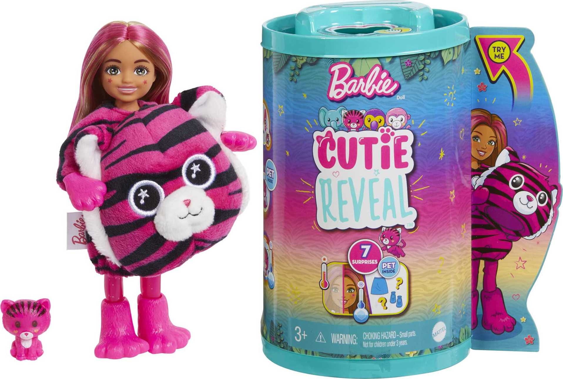 Barbie Cutie Reveal Chelsea Doll and Accessories, Jungle Series,  Tiger-Themed Small Doll Set 
