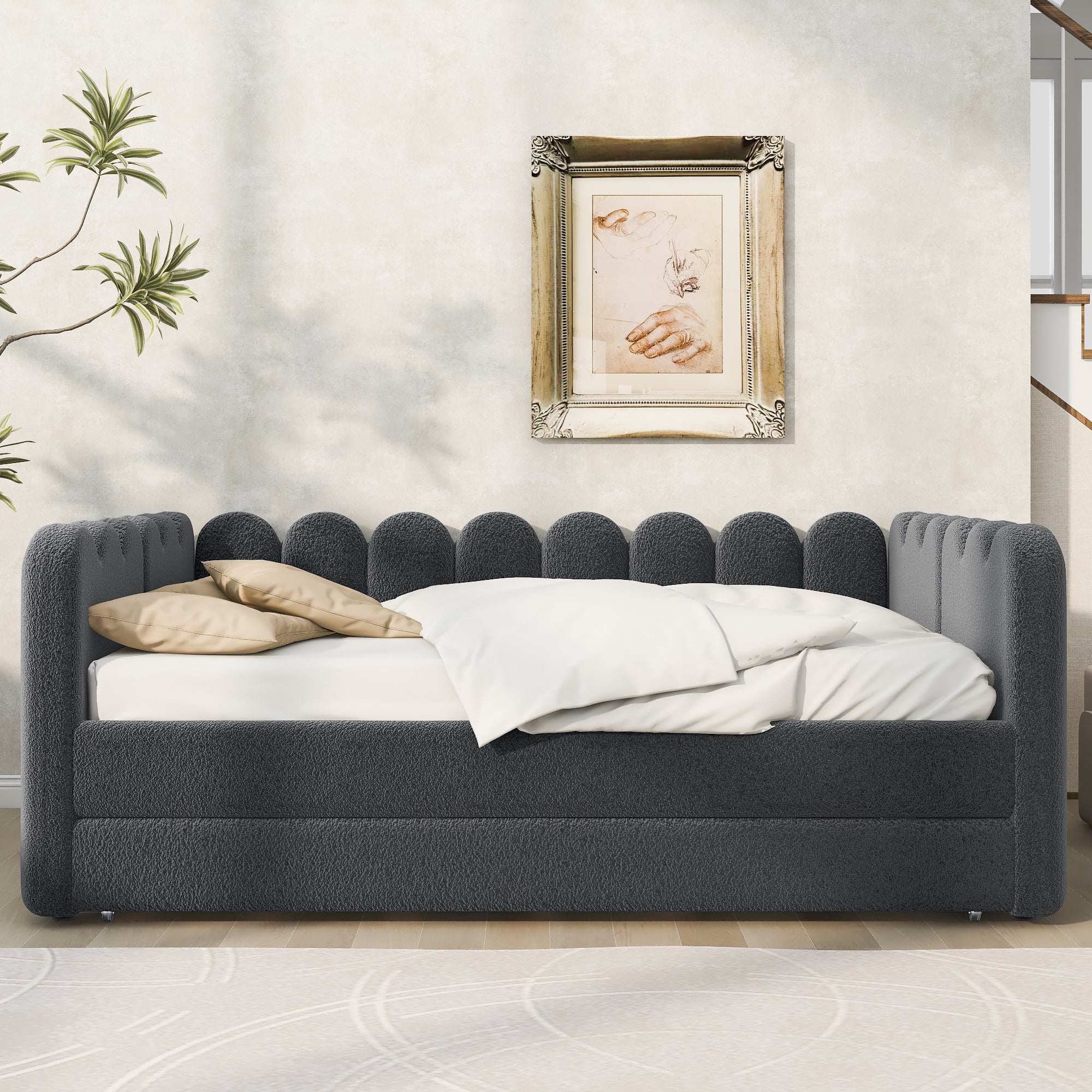 EUROCO Queen Size Upholstered Daybed with Twin Trundle, No Box Spring Needed, Velvet Sofa Bed for Guest Room/Living Room, Gray