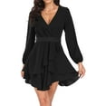 thumbnail image 3 of Aiyino Women's Dress Deep V-Neck Long Sleeve Waist Tie Ruffle Mini Swing Skater Dresses,Black, 3 of 6