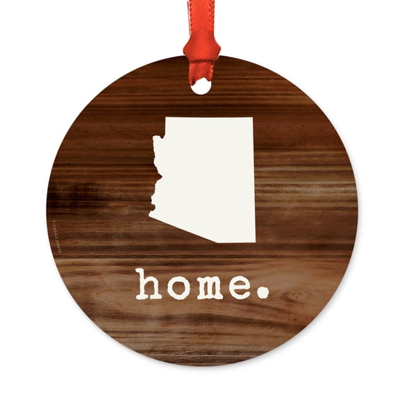 US State Round Metal Christmas Ornament, Rustic Wood Print, Arizona, Includes Ribbon and Gift Bag