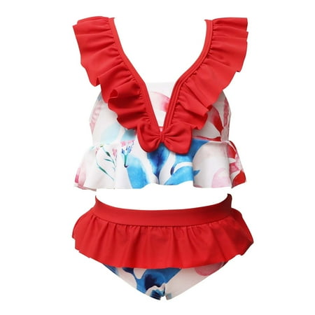

YWDJ 2-12years Toddler Kids Girls Summer Ruffled High Waist Bikini Print Split Swimsuit Red 116