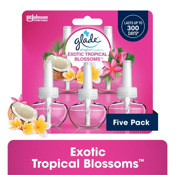 Glade PlugIns Scented Oil 5 Refills, Air Freshener, Exotic Tropical Blossoms, Essential Oil Infused Wall Plug In, 3.35 FL oz, Pack of 5