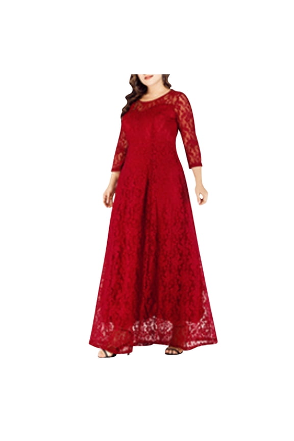 Hoco Dresses 2024 Women's Fashion Plus Size Seven Quarter Sleeve Lace Patchwork Round Neck Dress
