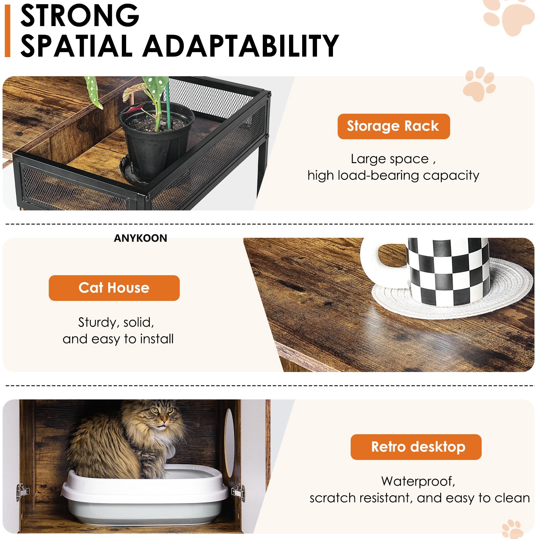 Anykoon Enclosed Cat Litter Boxes for 2 Cats,Cat Furniture Cabinet,Cat Litter Box Furniture,Rustic Brown