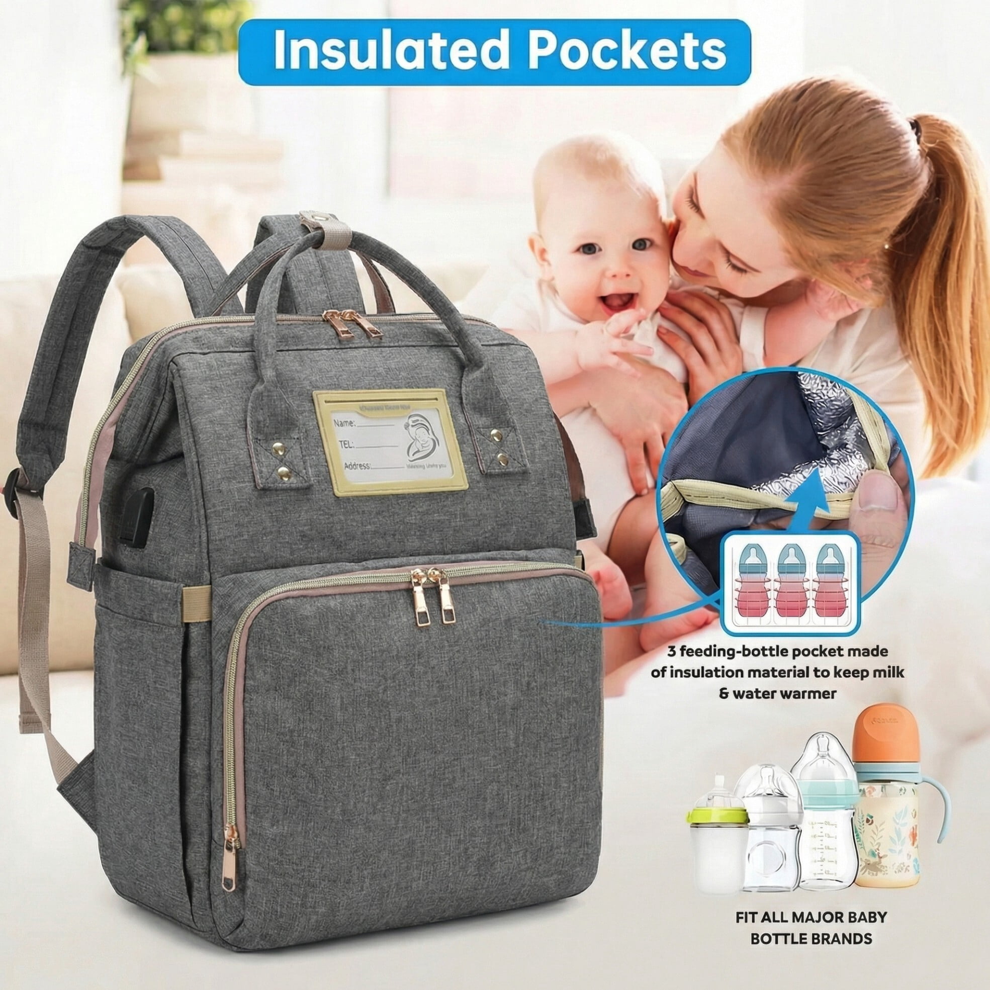 Diaper Bag Backpack, Multifunctional Baby Changing Bag with Foldable Crib and Insulated Bottle Pockets, a Must-Have for Baby Travel, with USB Charging Port and Stroller Straps (Gray)