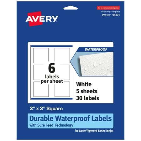 UPC: 0072782365745 | Avery Durable Waterproof Square Labels with Sure Feed  Print to the Edge  3  x 3   30 Oil and Tear-Resistant Labels  Laser/Pigment-Based Inkjet Printable Labels (36574)