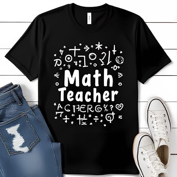 Black Tee Shirt with White 'Math Teacher' Graphic & Heart Design for Educators