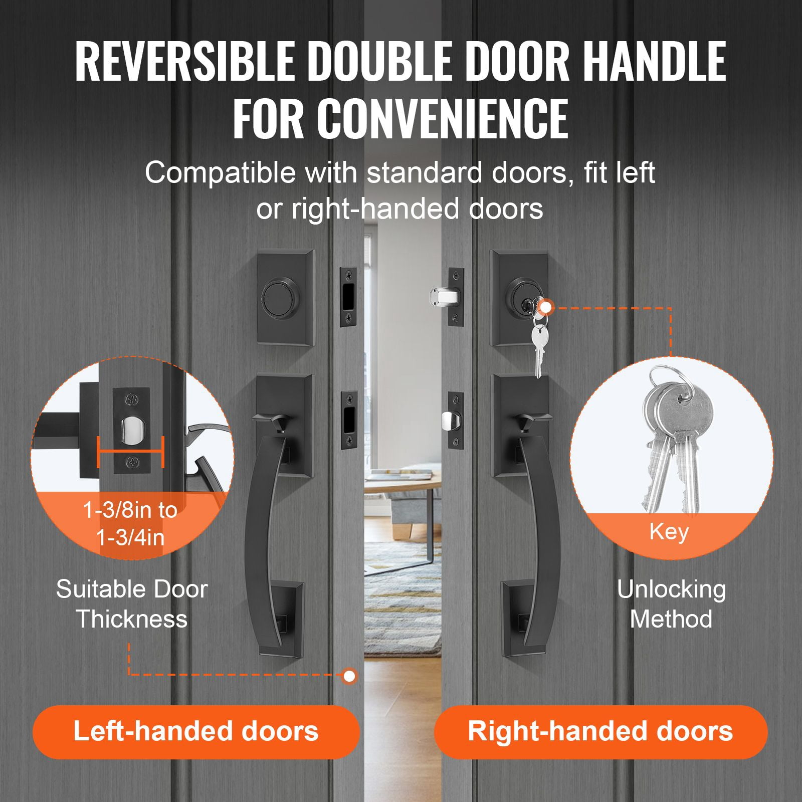 Adjustable Double Door Handle Set with Arched Design, Zinc Alloy Die-Cast, Reversible, 1-3/8 to 1-3/4" Door Thickness