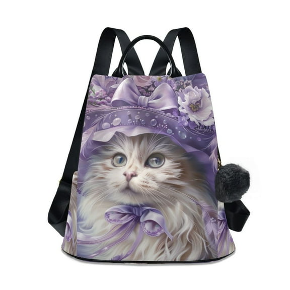 Travel Backpack for Women Large Capacity College Bags Multi-pocket Casual Daypacks 15 Inch Elegant Cat with Lilac Flowers Hat