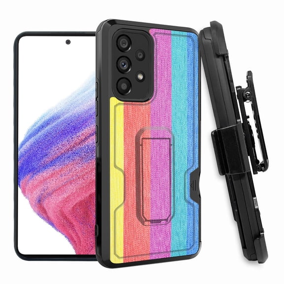 ANJ  Rugged Shockproof Hoster Case w/Card Slot, Kickstand   Tempered Glass Cover for Samsung Galaxy A33 5G - Pastel Color Stripes