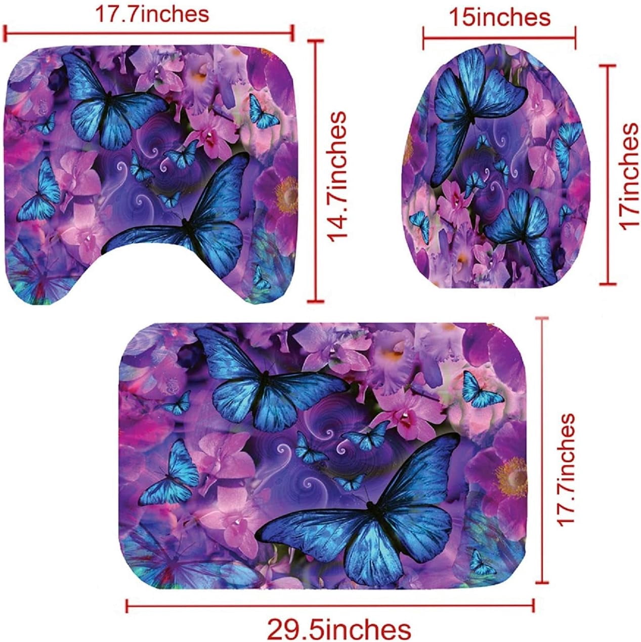 Bathroom Sets with Shower Curtain and Rugs, Toilet Lid Cover, Bath Mat, 4PCS Purple Rose Butterfly Shower Curtains for Bathroom, Romantic Flower Shower Curtains Set for Bathroom Decor