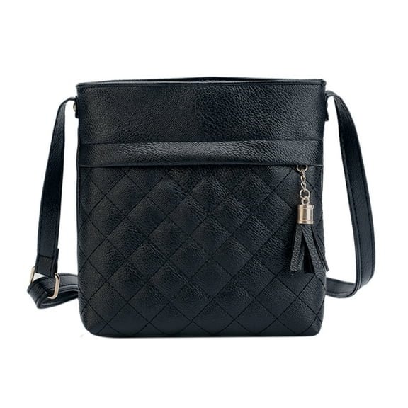LINEL Faux Leather Tassel Messenger Handbag Quilted Stitching Black Purse