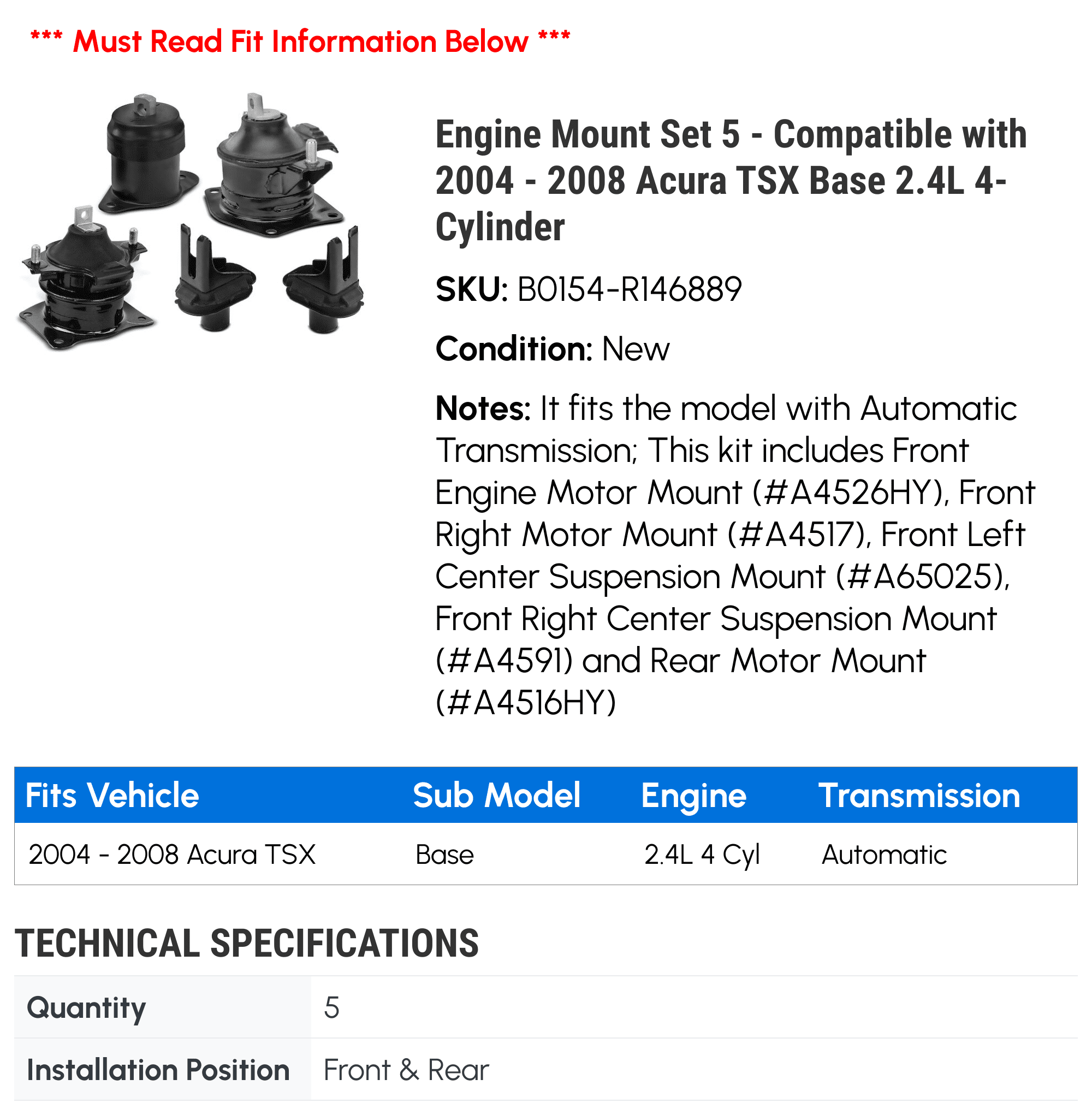 Engine Mount Set 5 - Compatible with 2004 - 2008 Acura TSX Base 2.4L 4-Cylinder - Autopart Premium