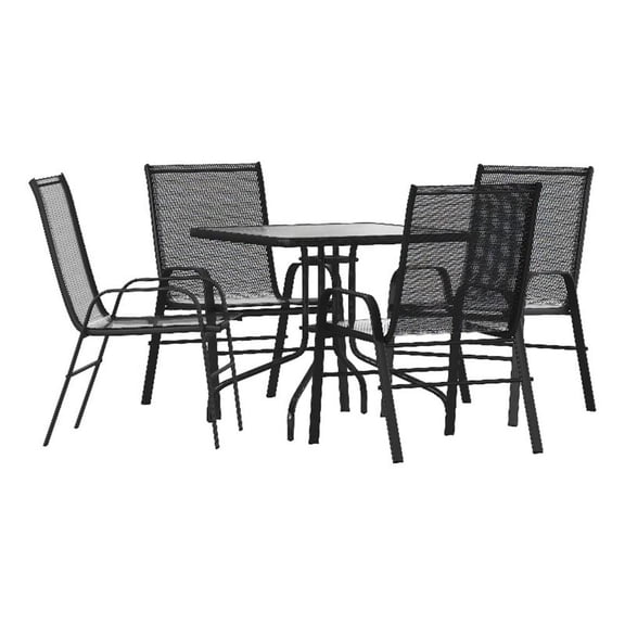 Afuera Living 5 Pc Patio Dining Set - 31.5" Glass Table 4 Black Stack Chairs