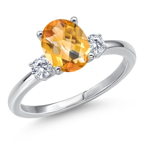 Gem Stone King 14K White Gold Yellow Citrine and Moissanite Engagement Ring for Women | 1.85 Cttw | Oval Checkerboard 9X7MM | Gemstone November Birthstone | Size 5