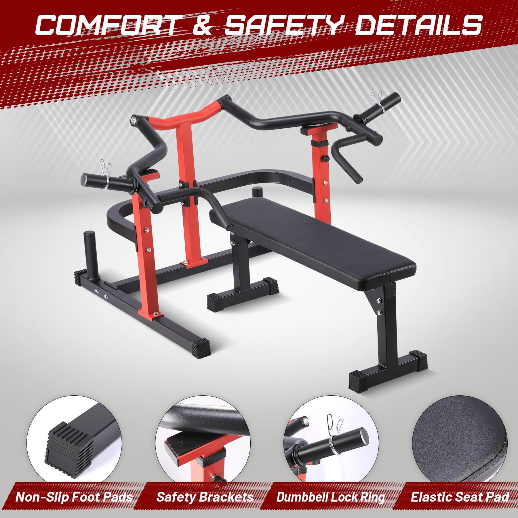 COZONY Chest Press Machine with Adjustable Flat Bench, Independent Converging Arms & Heavy-Duty Steel Home Gym Rack,Red