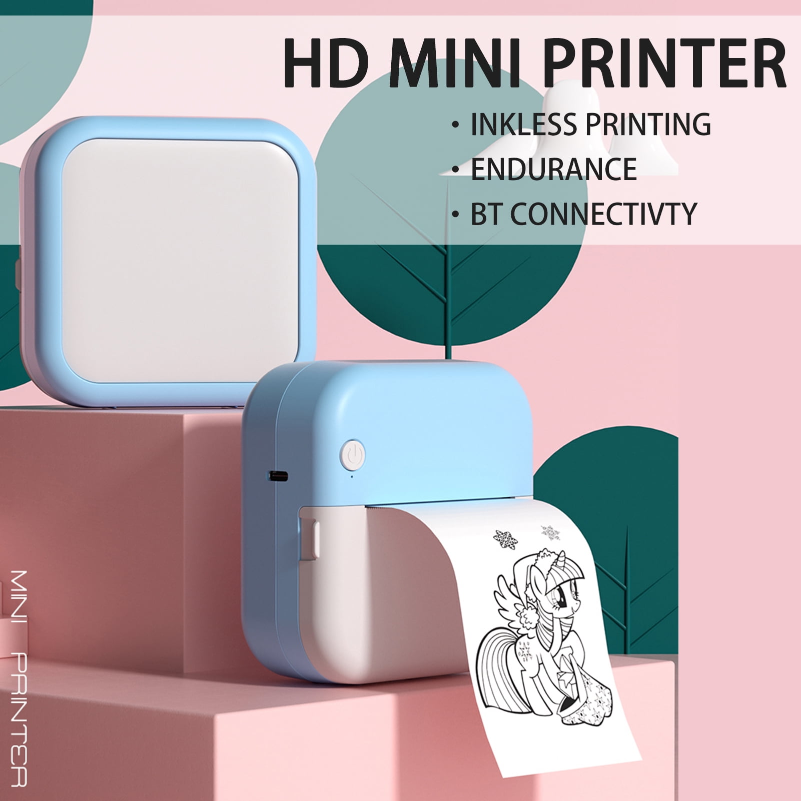 Mini Thermal Printer Multifunction Portable Sticker Maker Instant Photo Inkless Printing Support BT Connection for Smartphone with 9 Paper Rolls 57mm + 5 Self-Adhesive Paper Rolls + 5pcs Color