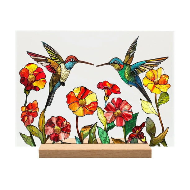 Caja de Pantalla de Acrílico, Ornamento de Decoración Floral de Escritorio Impreso con Gran Base de Madera, Textura Transparente de Vidrio de 21x15cm para Regalo para el Hogar