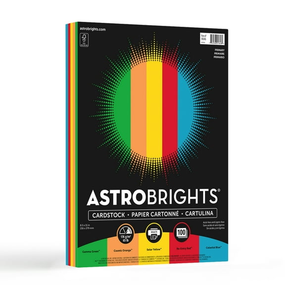 Astrobrights Colored Cardstock, 8.5" x 11", 65 lb., Primary Assortment, 100 Sheets