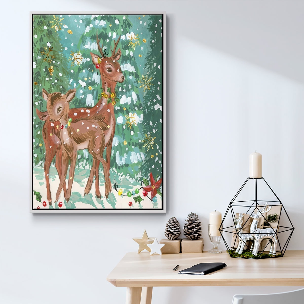 Doe and Fawn II - Framed Gallery Wrapped Holiday Canvas - 17 x 25 - White Frame