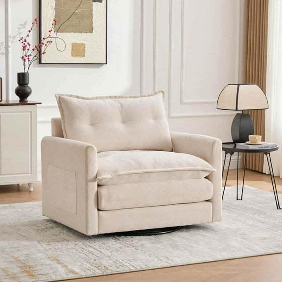 Spaco Swivel Barrel Chair, Mid Century Modern Chair, Thick Padded Arm Chair with Solid Metal Base, Comfortable Single Sofa Chair, Swivel Accent Chair for Indoor as Living Room, Bedroom, Beige