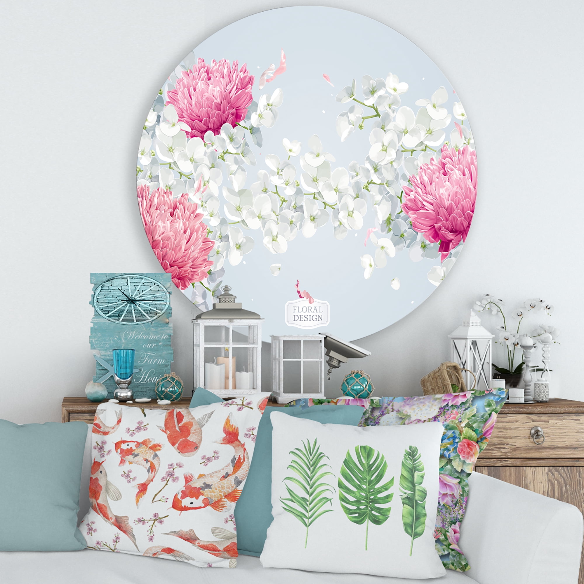 Designart 'Apple Blossom and Chrysanthemums' Traditional Circle Metal Wall Art 36x36 - Disc of 36