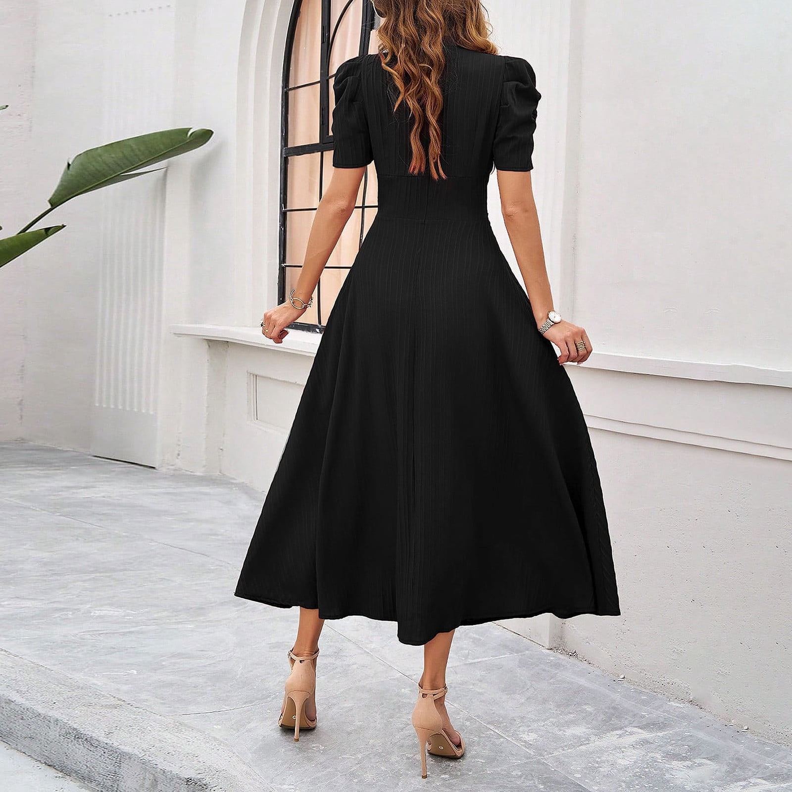 smart elegant dresses SMihono Womens A Line Dress Formal Summer Elegant Dresses Trendy Casual V  Neck Dress Short Sleeve Vacation Cocktail Dress Black M