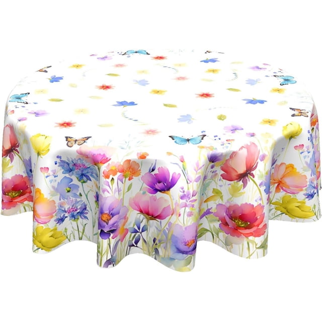 Spring Summer Floral Tablecloth Round 60 Inch Watercolor Flowers Table Cloth Circular Table Cover Washable Wipeable Reusable Polyester Tabletop for Dining Kitchen Holiday Party Decor