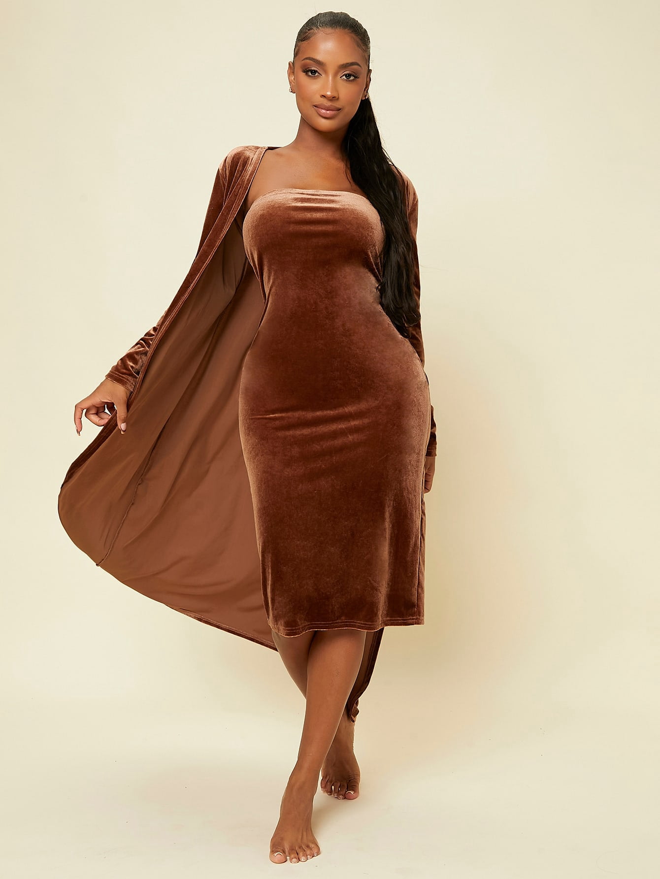 Women's Solid Velvet Dress Coat Lounge 