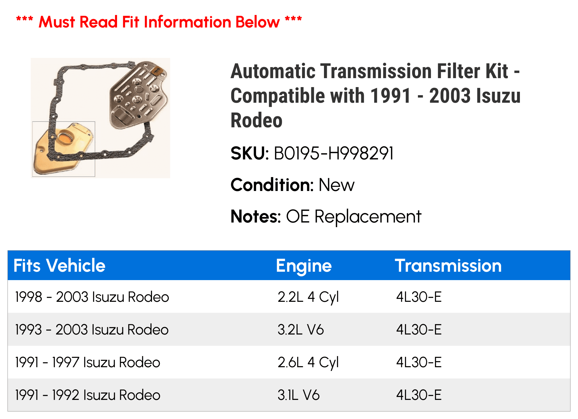 Automatic Transmission Filter Kit - Compatible with 1991 - 2003 Isuzu Rodeo 1992 1993 1994 1995 1996 1997 1998 1999 2000 2001 2002