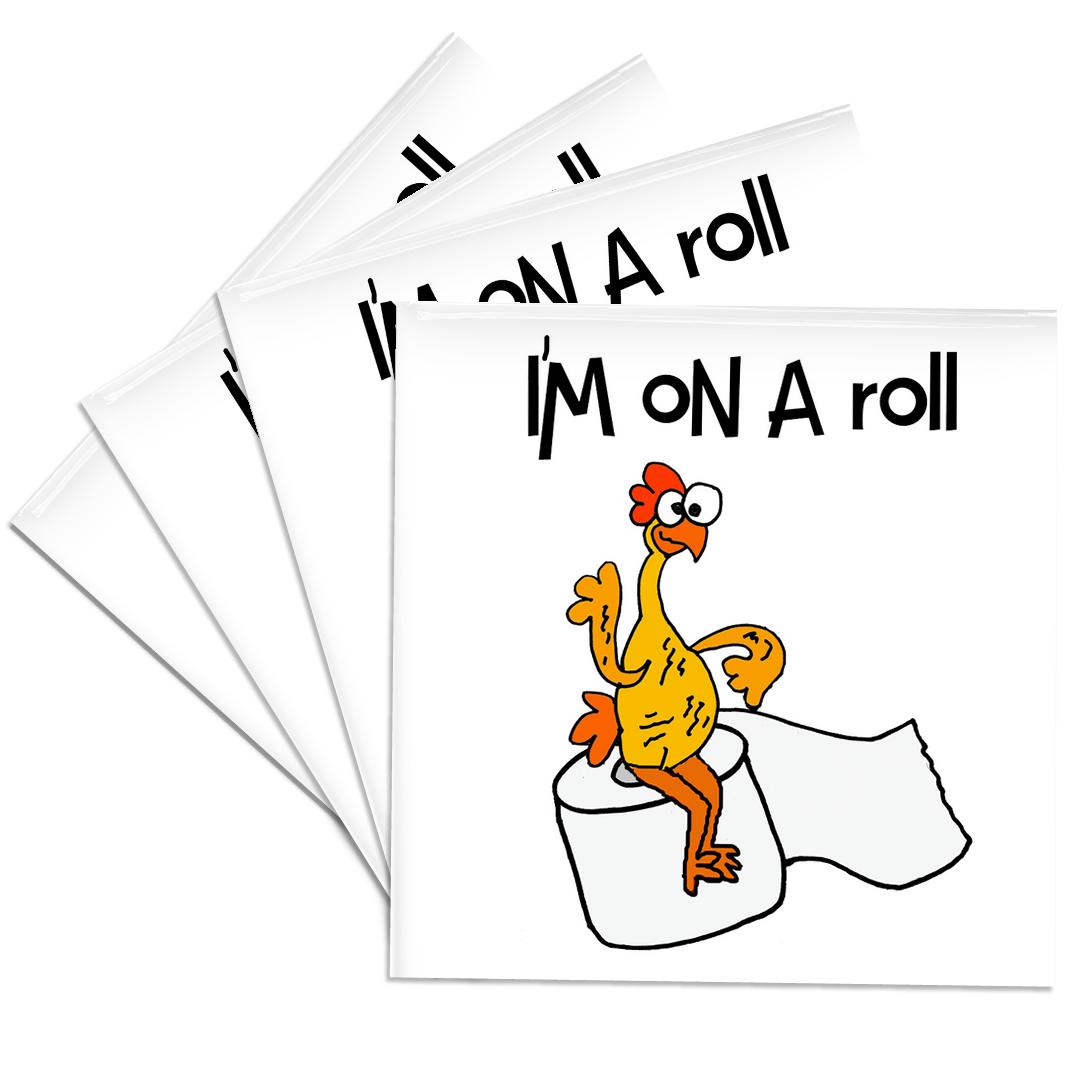 3drose, Funny Cute Rubber Chicken on Toilet Paper Im on a Roll Pun, Set of 4 Ceramic Tile Coasters