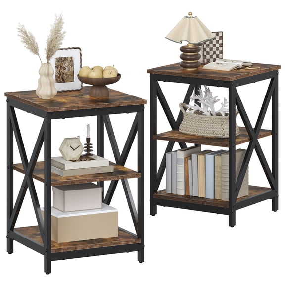 Winkalon Set of 2 Nightstand with 3-Tier Shelves, X-Shaped Sofa Side End Table for Bedroom Living Room Office, Brown
