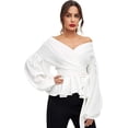 thumbnail image 1 of Blusa cruzada con cuello en V, manga larga y volantes para mujer, 1 of 4