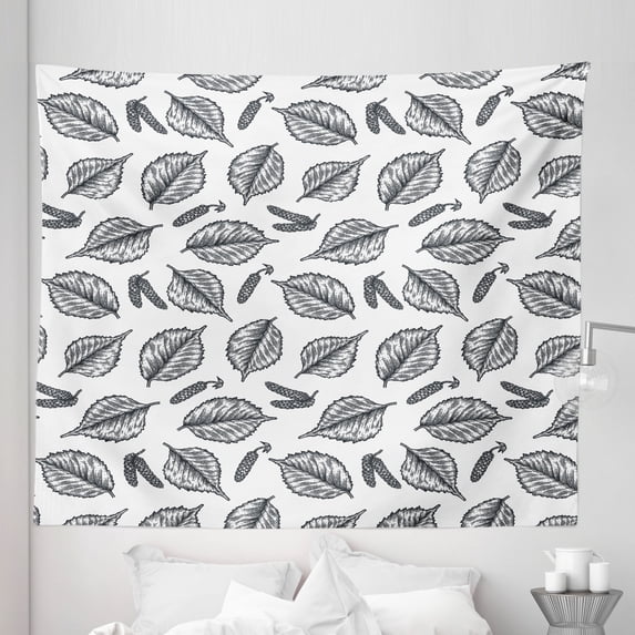 Leaves Tapestry, Detailed Sketch of Birch Leaves and Berries on Plain Backdrop Pattern, Fabric Wall Hanging Decor for Bedroom Living Room Dorm, 5 Sizes, White and Charcoal Grey, by Ambesonne