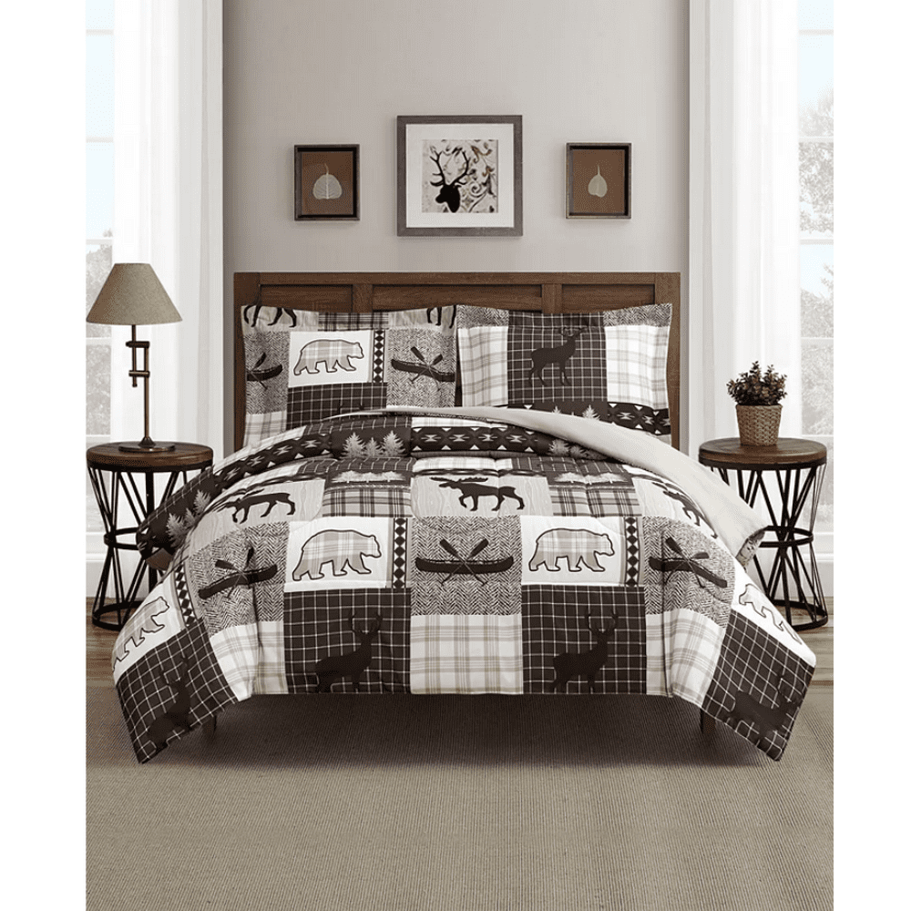 Mountain Cabin Lodge, Lake House Bears, Deer, Moose & Canoes Plaid