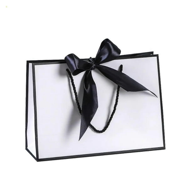 10Pcs Bow Ribbon Paper Bag Multi Color Portable Clothing Handle Bag Convenient Reusable Present Wrap Bag (BlackWhite, 32 * 25 * 11cm)