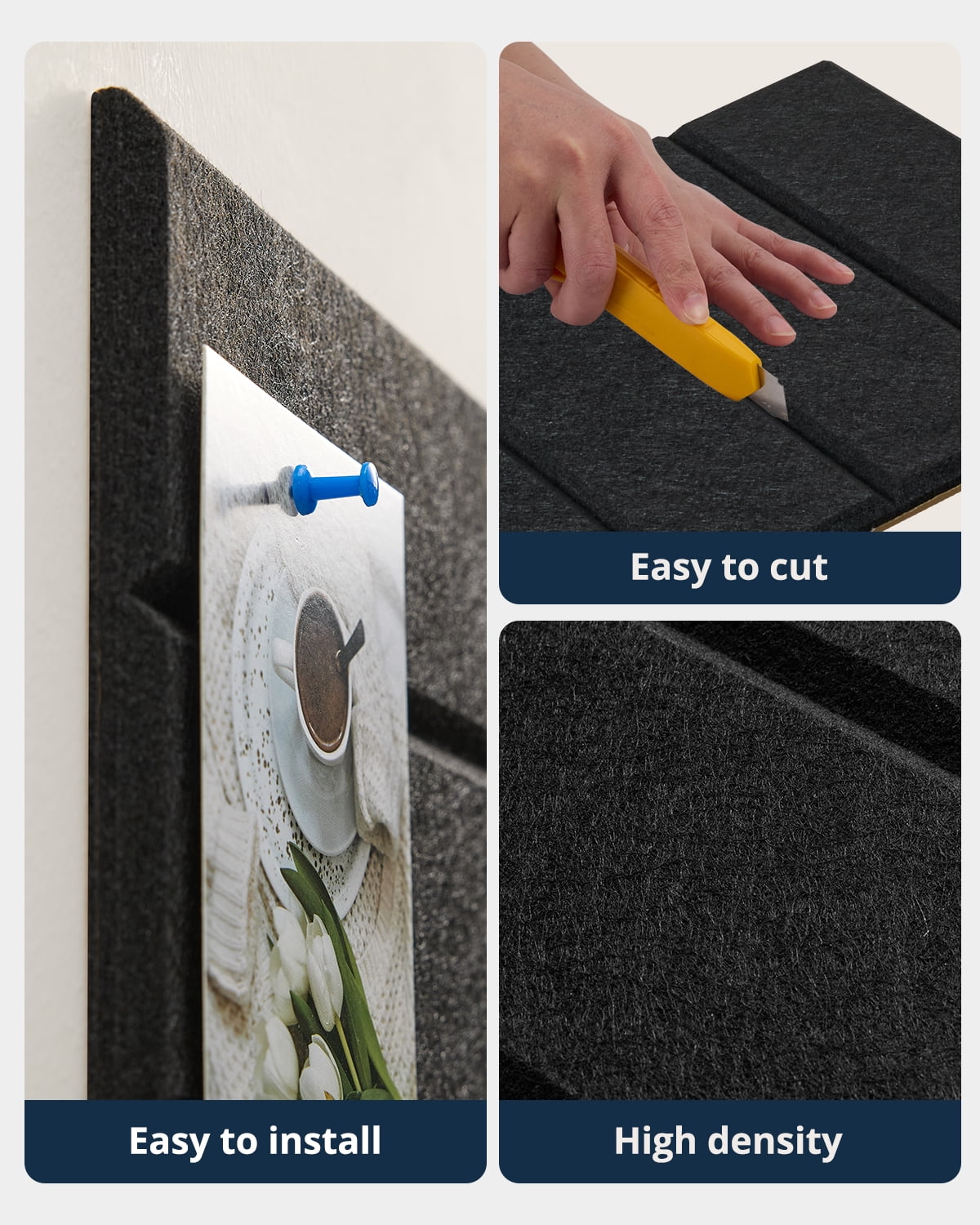 Large Cork Board, 12 Pack 12"X12"X0.4" Felt Bulletin Board Tiles with Self Adhesive for Wall Home Office Decor, Pin Cork Boards-Black