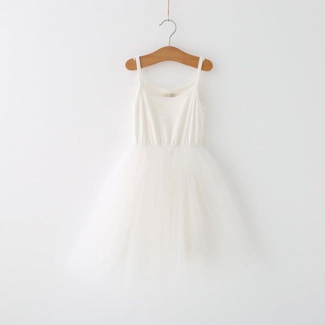 Vestido tipo tirantes para niñas Vestido de malla con costuras acanaladas para niñas de talla pequeña y mediana Vestido de princesa Vestido pontón